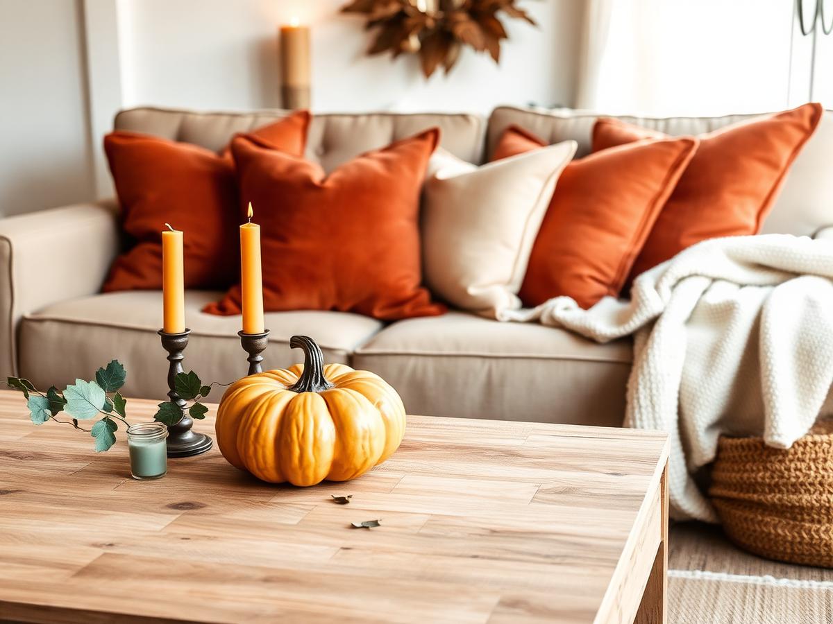 A warm autumn living room with candles and a throw