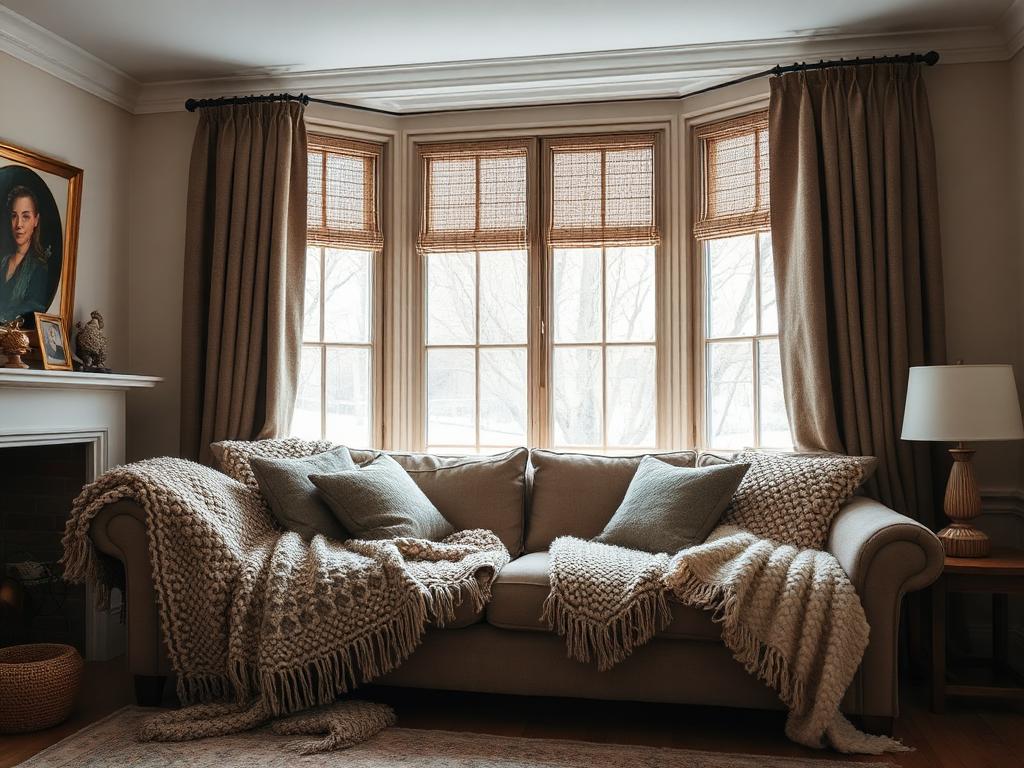 A warm winter living room with candles and a throw